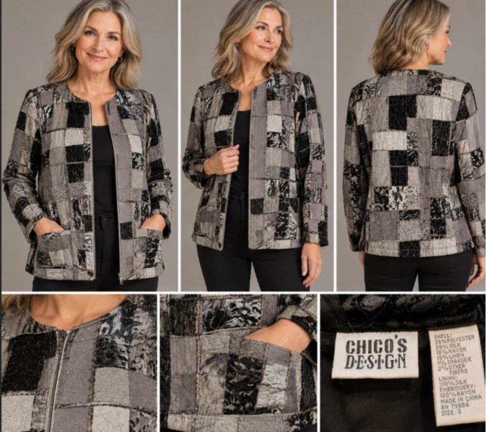 Vintage Chicos black and gray patchwork quilted jacket